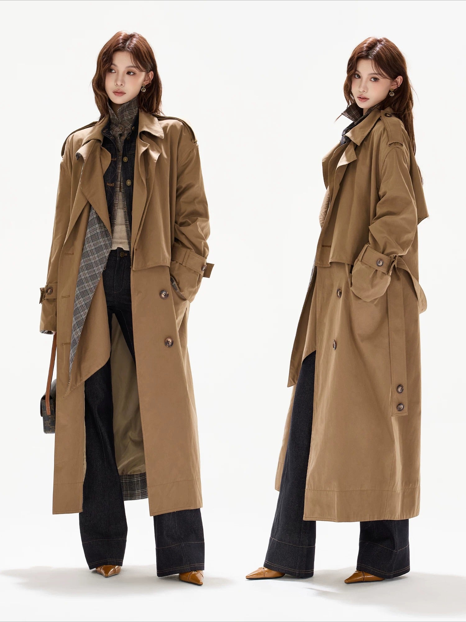 Khaki Plaid Belted Trench Coat