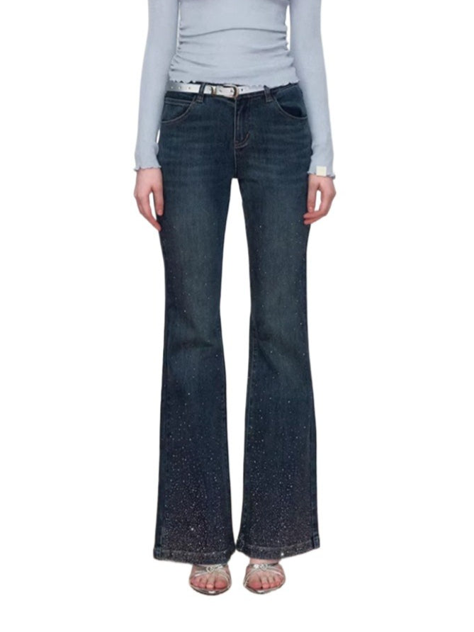 Embroidered Rhinestones Flared Jeans