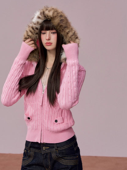 Faux Fur Collar Cable Knit Cardigan