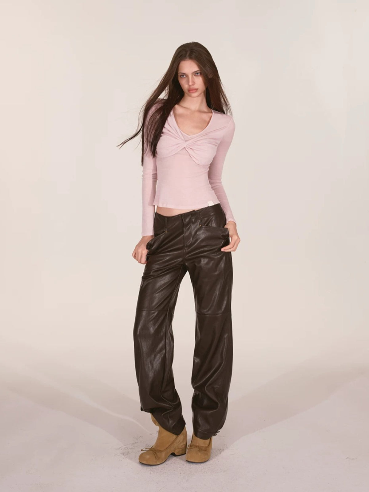 Paneled Faux Leather Wide-Leg Pants