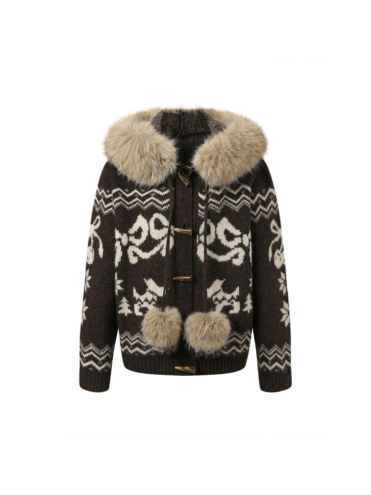 Fair Isle Fur Collar Toggle Knit Coat