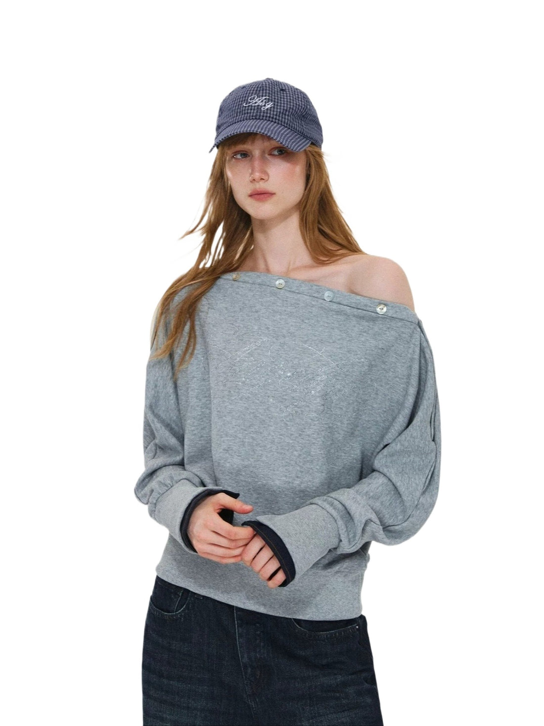 Rhinestone Button Off-Shoulder Sweatshirt
