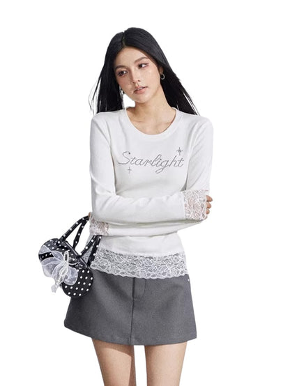 Beige Rhinestone Lace T-Shirt