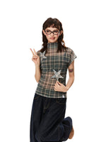 Vintage Plaid Mesh Short Sleeve Top