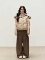 Faux Layered Fur-Trim Hooded Down Jacket