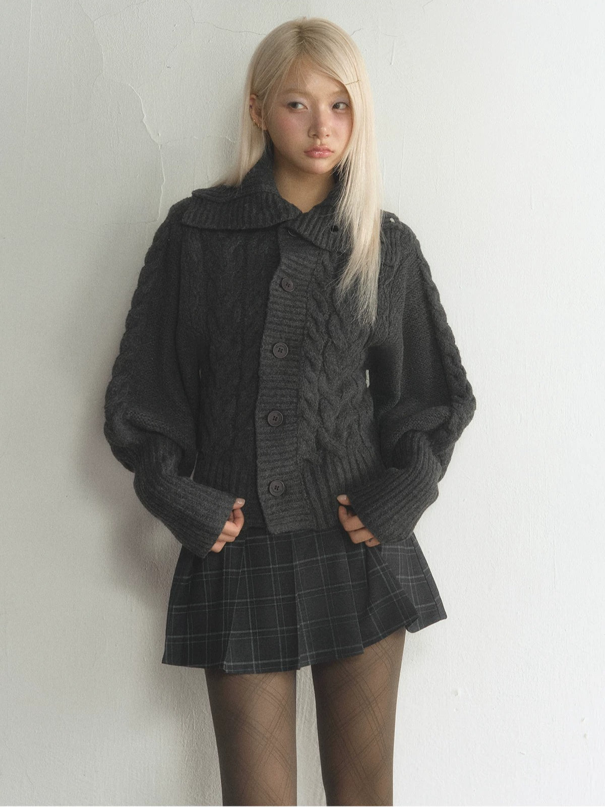 Vintage Oversized Collar Cable-Knit Cardigan