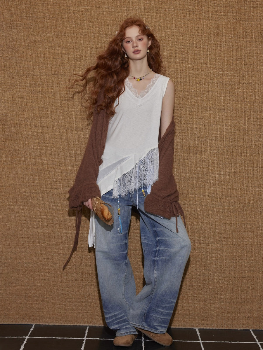 V-Neck Lace Patchwork Asymmetrical Tank Top