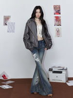 Striped Collar Biker Leather Jacket