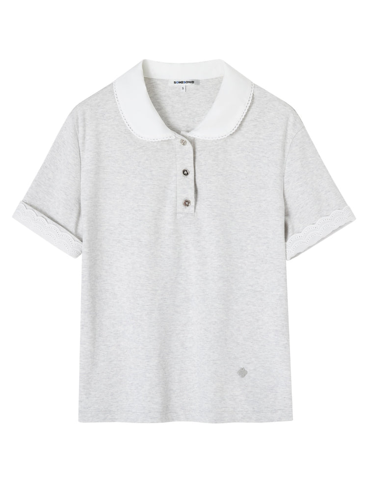 Striped Lace Short-Sleeve Polo Neck T-Shirt