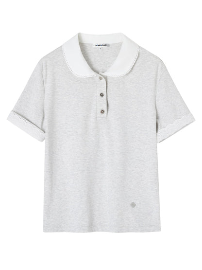 Striped Lace Short-Sleeve Polo Neck T-Shirt
