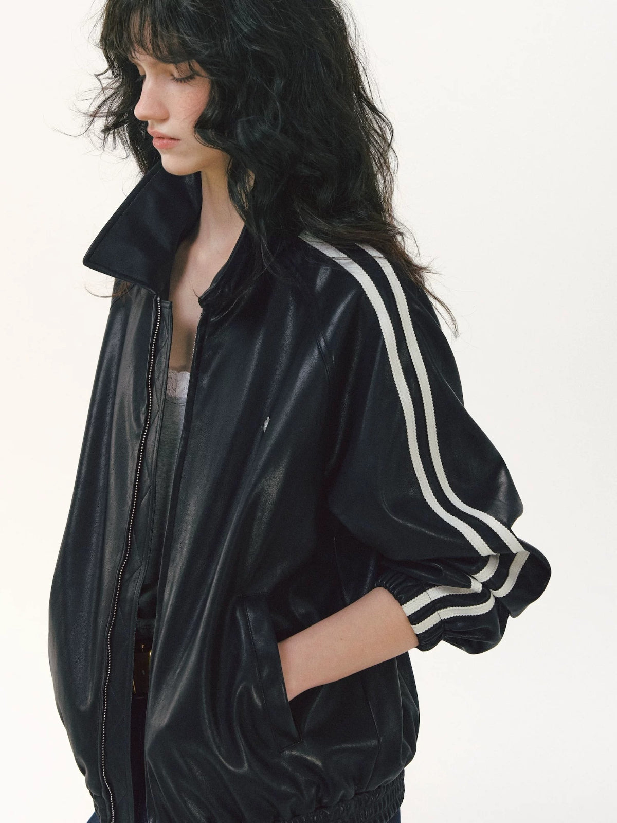 Ribbon Lapel PU Leather Jacket