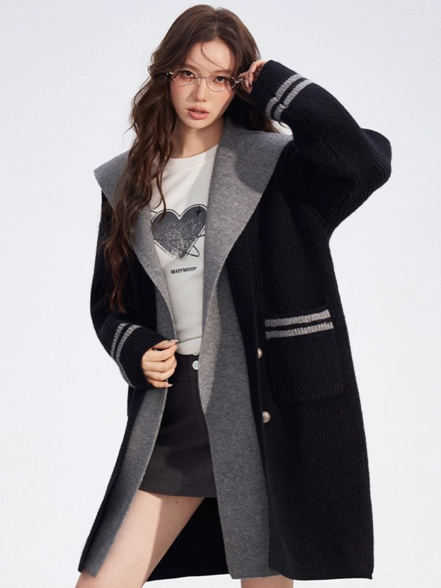 Detachable Collar Long Knit Coat