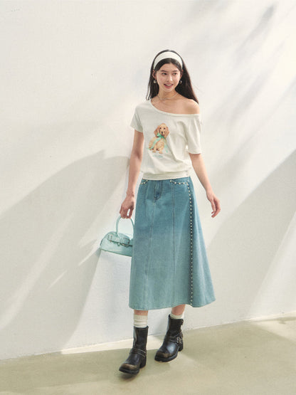 Beaded Washed Gradient Denim Skirt