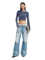 Washed Twill Denim Whisker Wide-leg Jeans