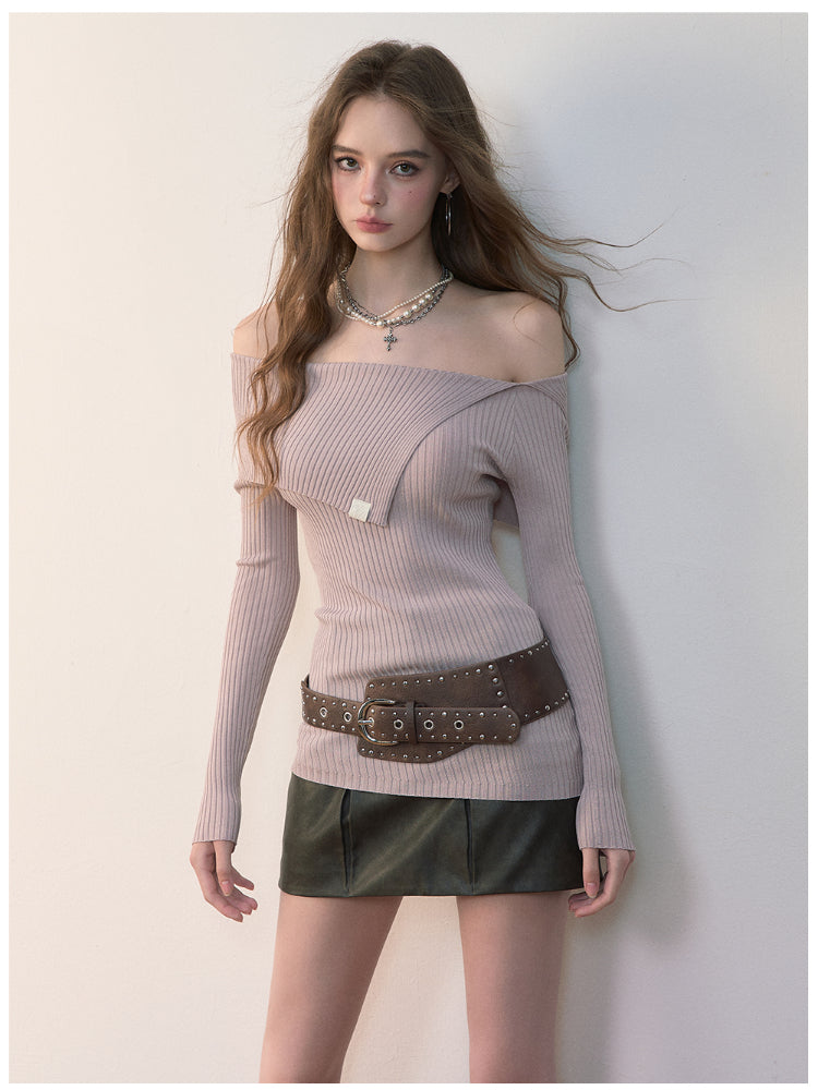 One-Shoulder Collared Knit Crewneck