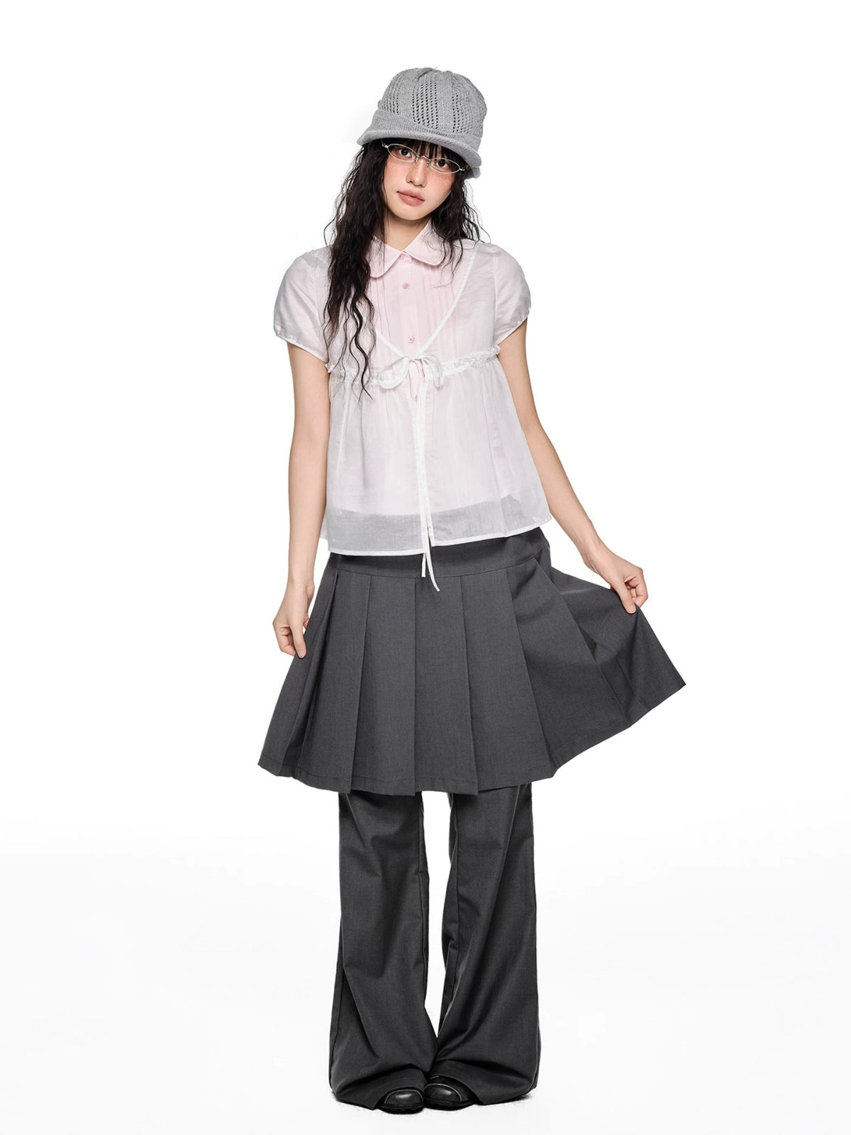 Pleated Skirt Overlay Flare Pants
