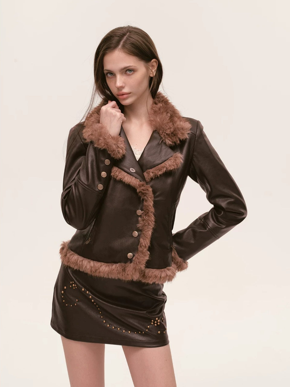 Asymmetric Fur-Trimmed Faux Leather Jacket