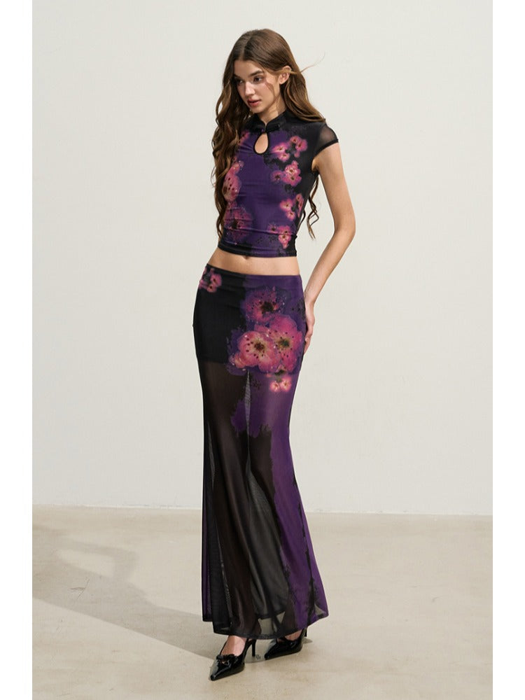 Purple Floral Cheongsam Mesh Set