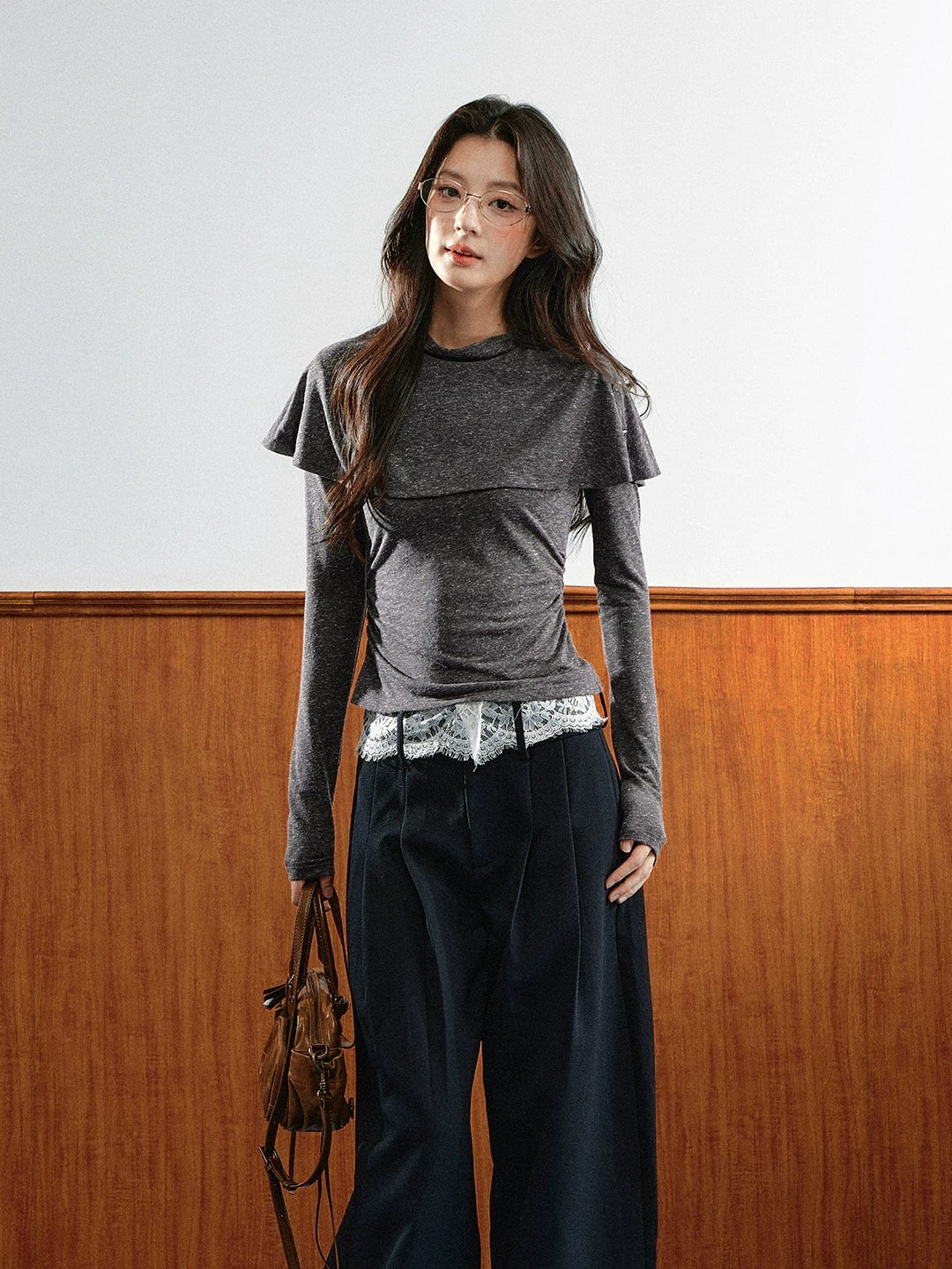 Layered Collar Ruched Knit Top
