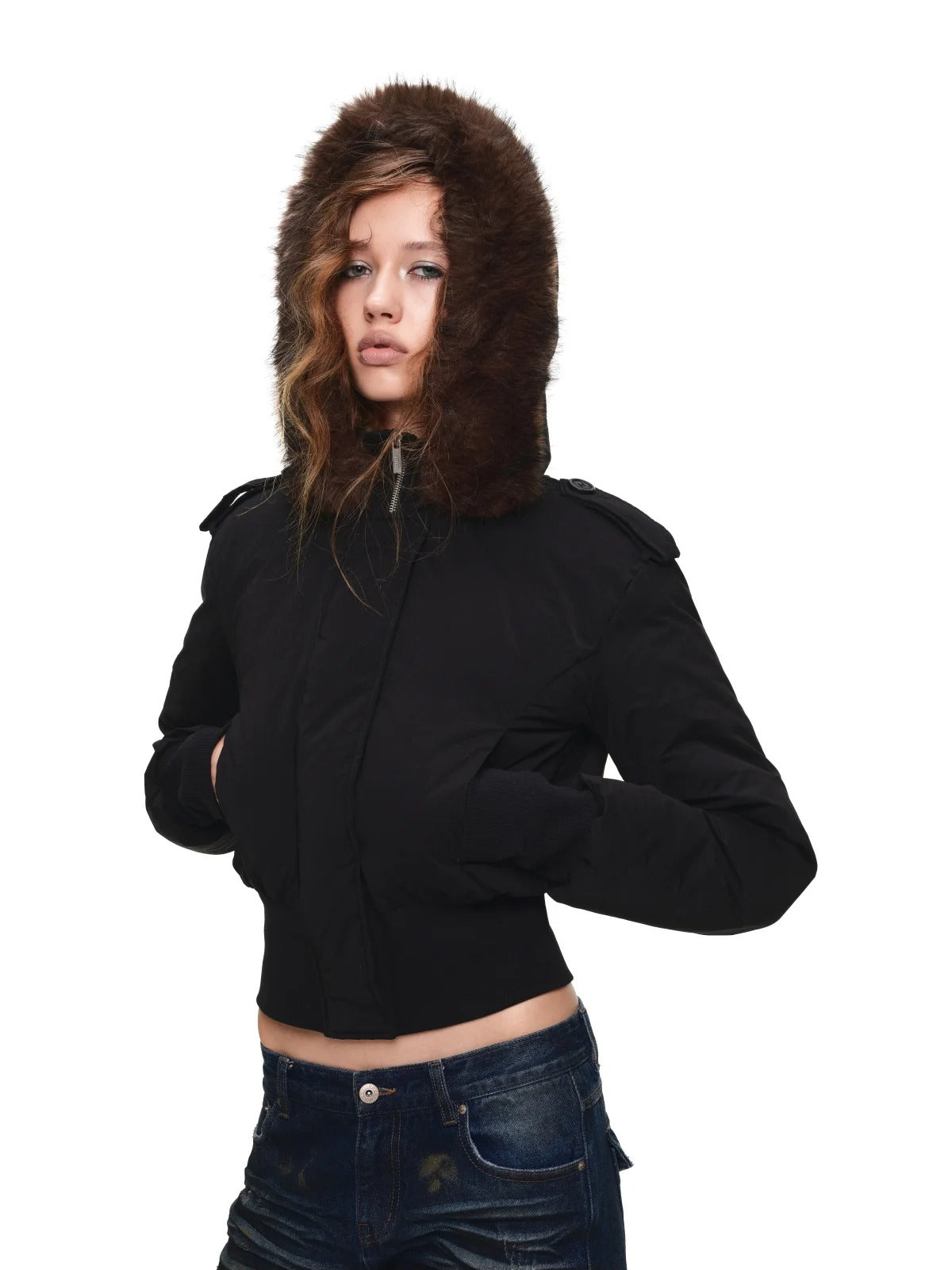 Detachable Faux Fur Ribbed-Waist Down Jacket