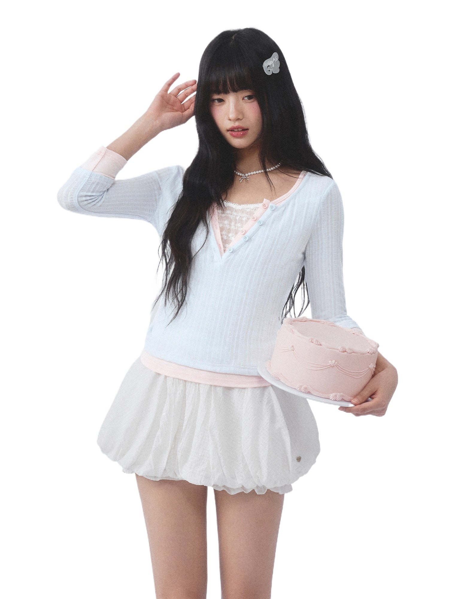 Light Blue Lace Panel Layered Top