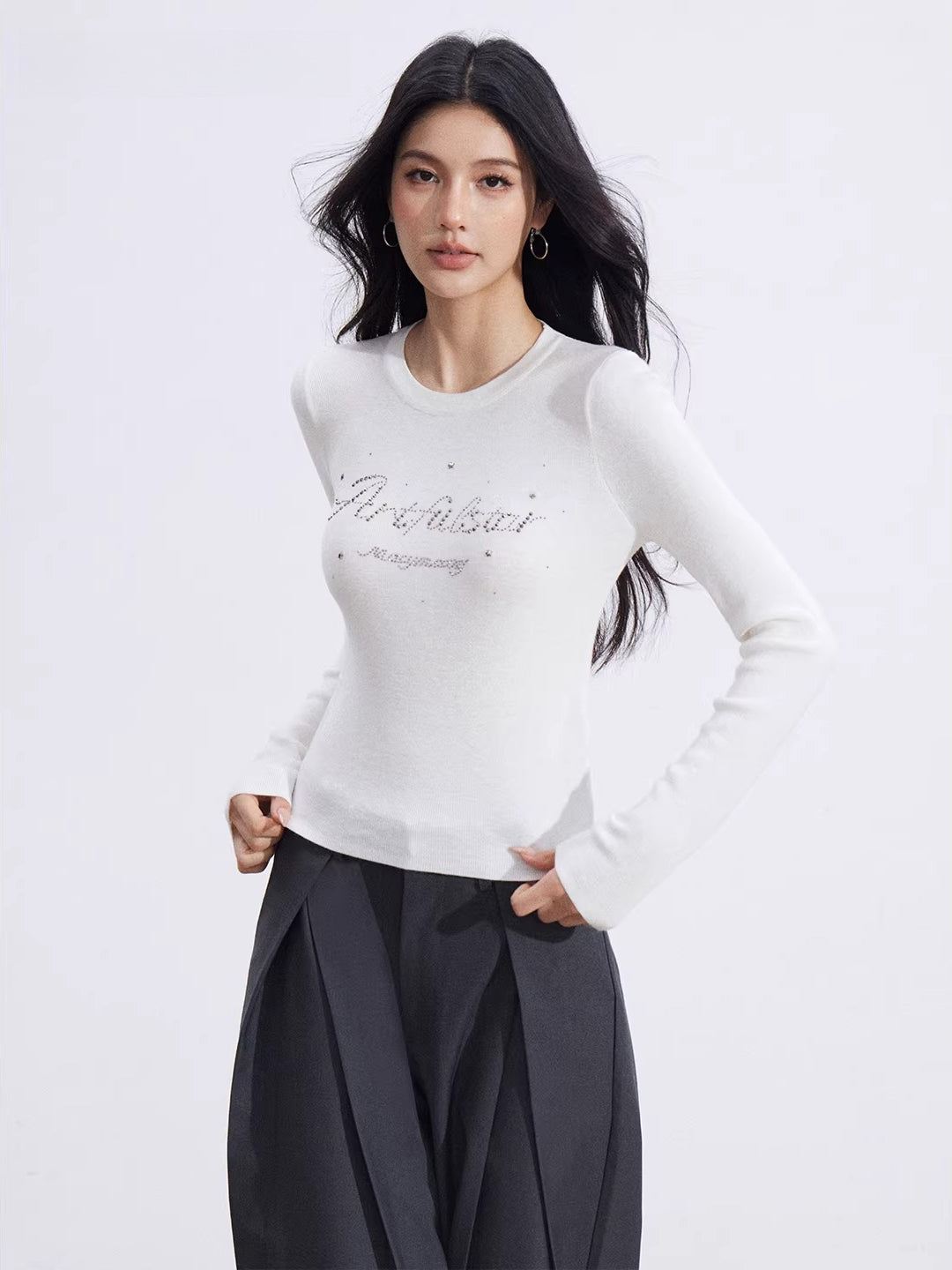 Black &amp; Beige Rhinestone Knit Top