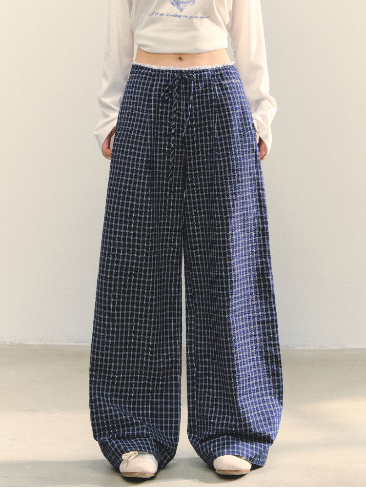 Plaid Color-block Waist Spliced Straight Pants