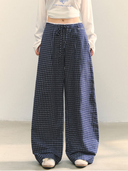 Plaid Color-block Waist Spliced Straight Pants