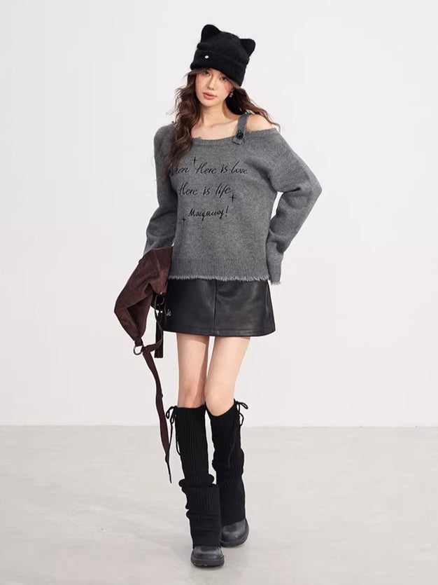 Off Shoulder Embroidered Distressed Sweater