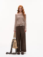 Off-Shoulder Pearl-Button Long-Sleeve T-Shirt