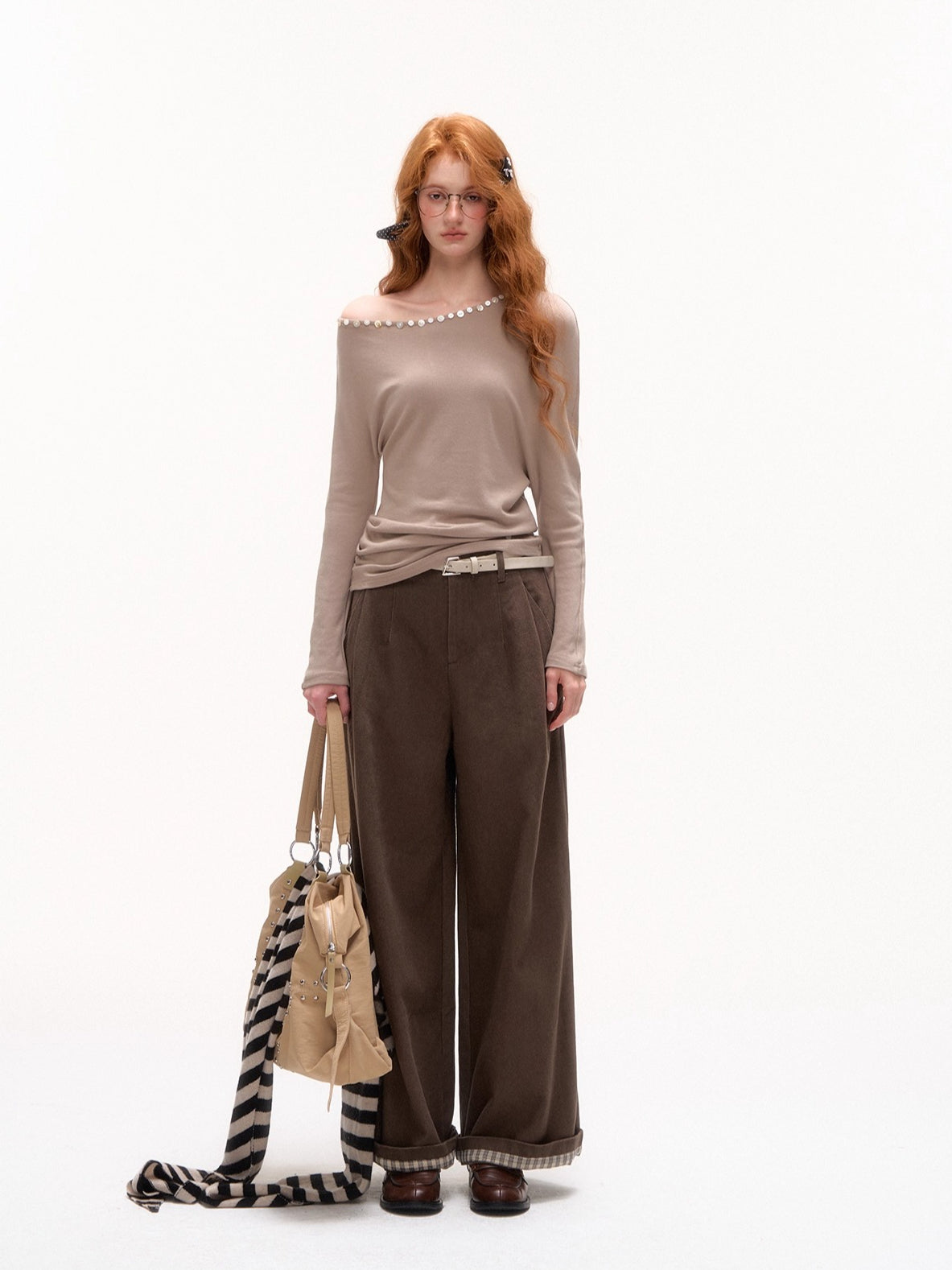 Off-Shoulder Pearl-Button Long-Sleeve T-Shirt