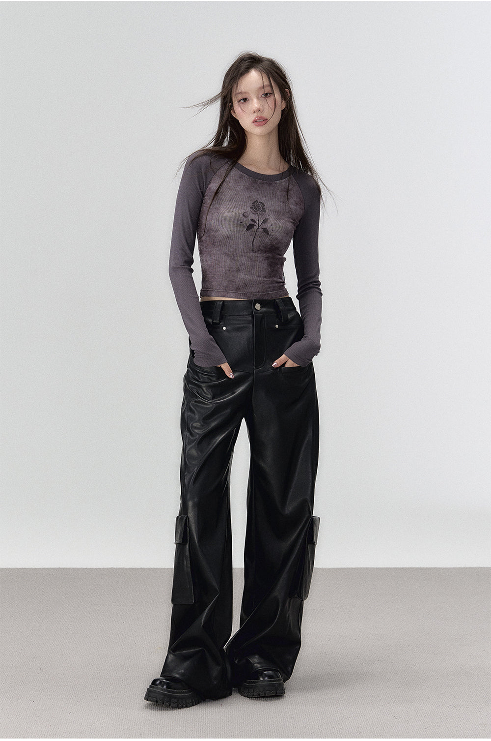 Black Rivet Straight Leather Pants