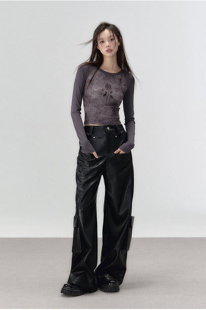Black Rivet Straight Leather Pants