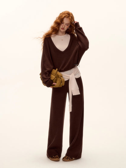 Waffle Knit V-Neck Pullover &amp; Tie Vest Set with Wide-Leg Pants