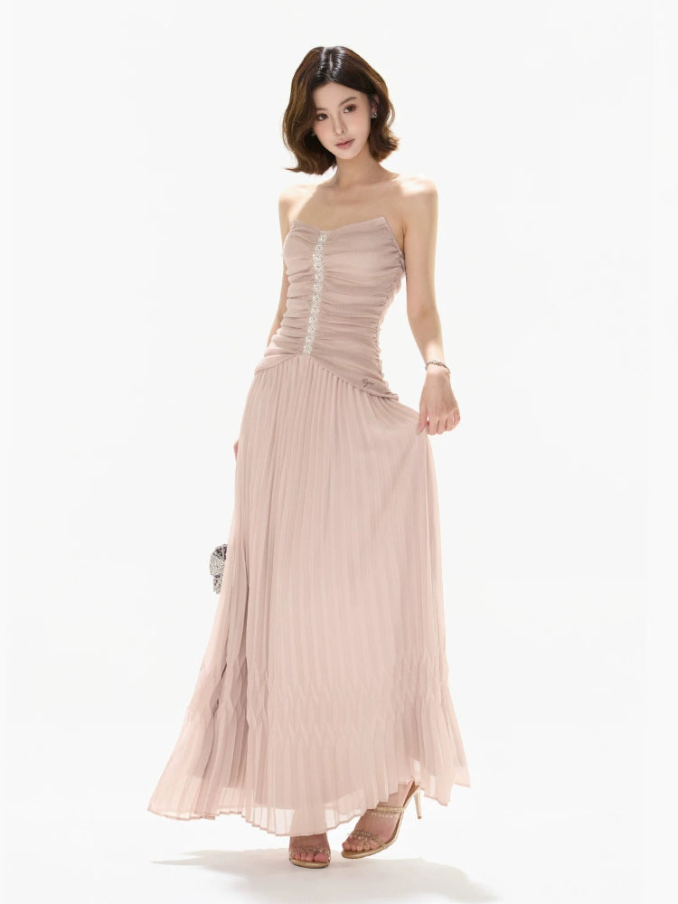Pleated Mesh Maxi Dress