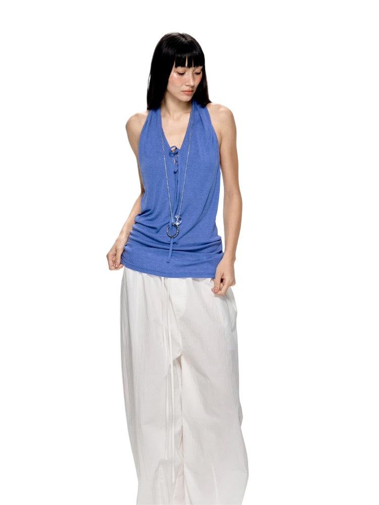Deep Blue Sleeveless V-Neck Halter Neck Top