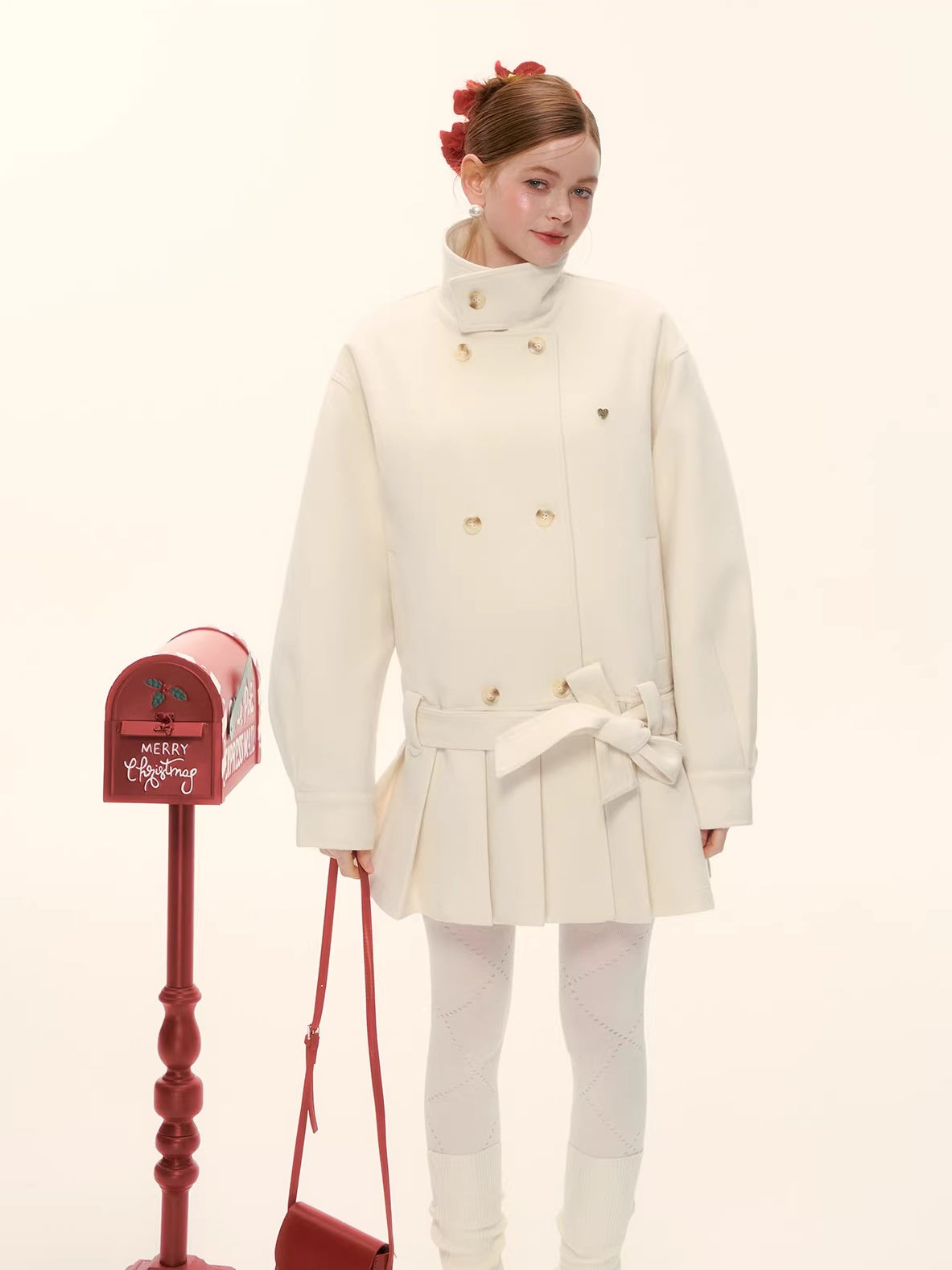 Double-Breasted Pleated Hem Wool Down Coat