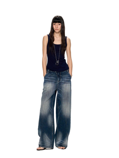 Deep Blue Washed Texture Distressed Denim Jeans