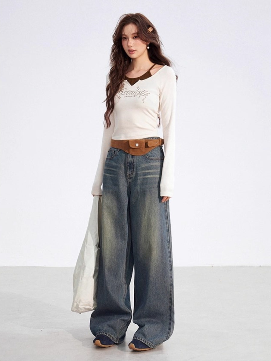 Leather-Patch Wide-Leg Denim Pants