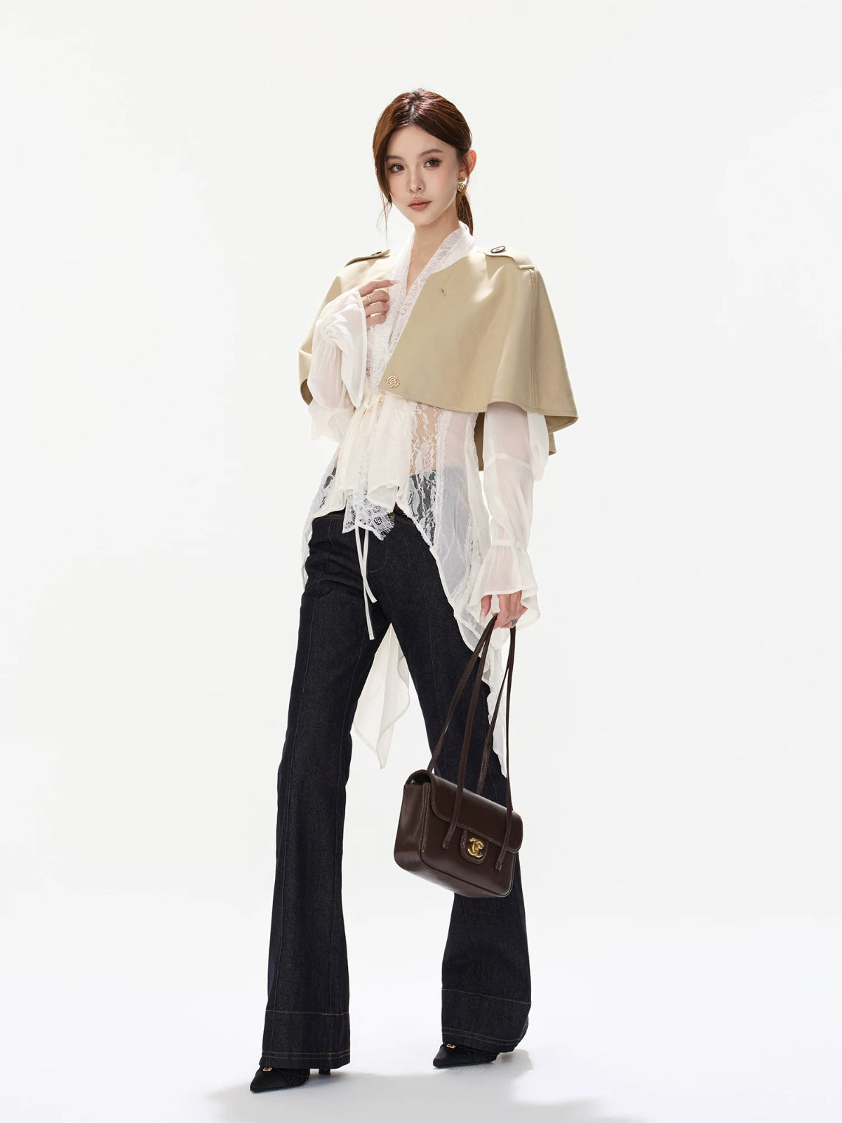 French Lace Chiffon Tie Waist Blouse