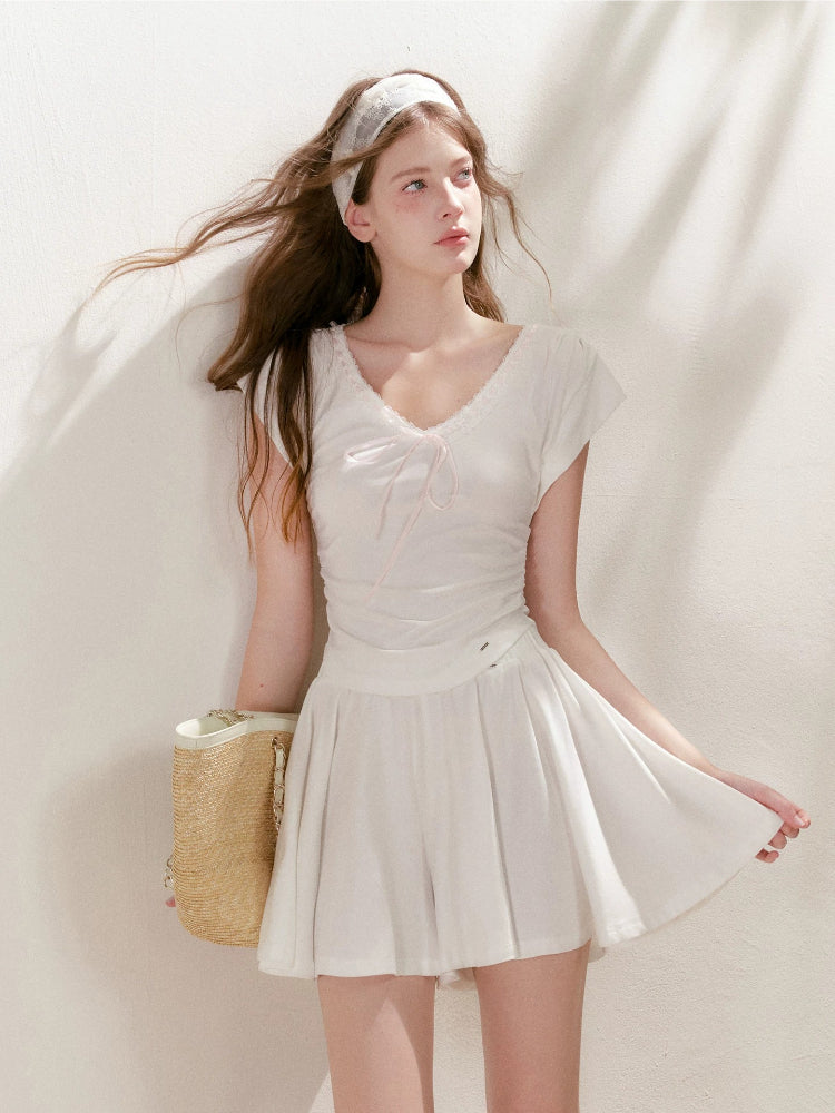Lace-Trim Tie-Front T-Shirt &amp; Skort Set