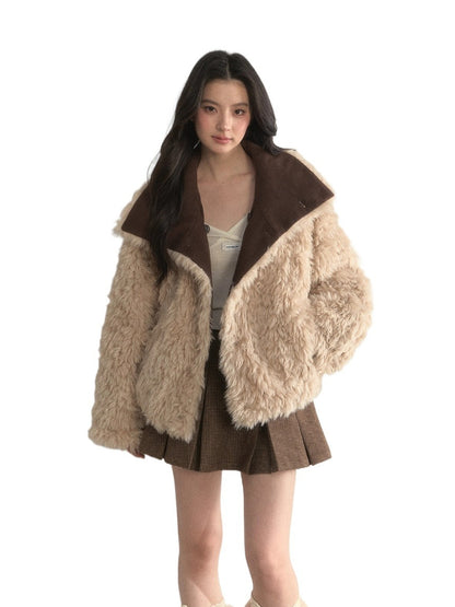 “Warm Oak Grove” Double-Breasted Faux Shearling Parka