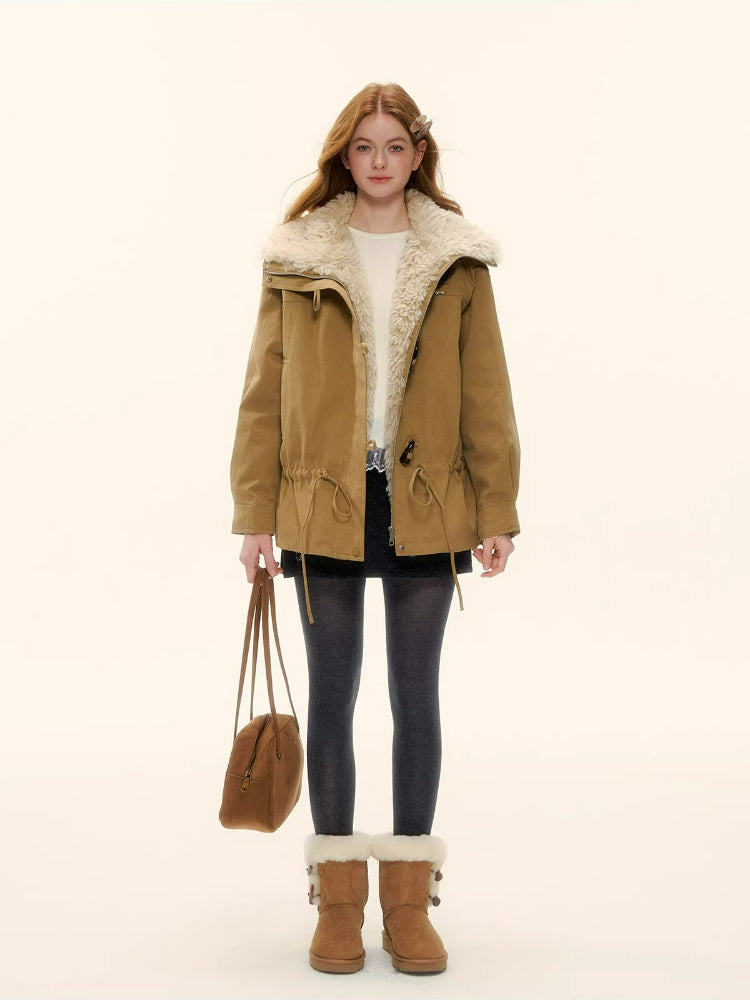 Faux Fur Collar Drawstring Loose Down Parka