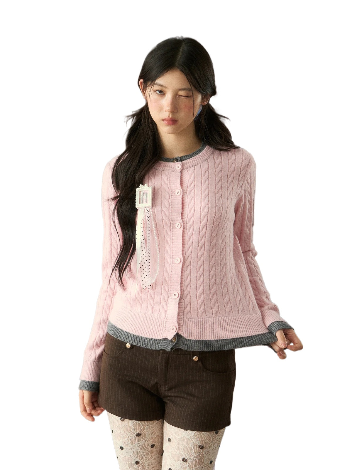 Soft Cable Knit Contrast Cardigan Sweater