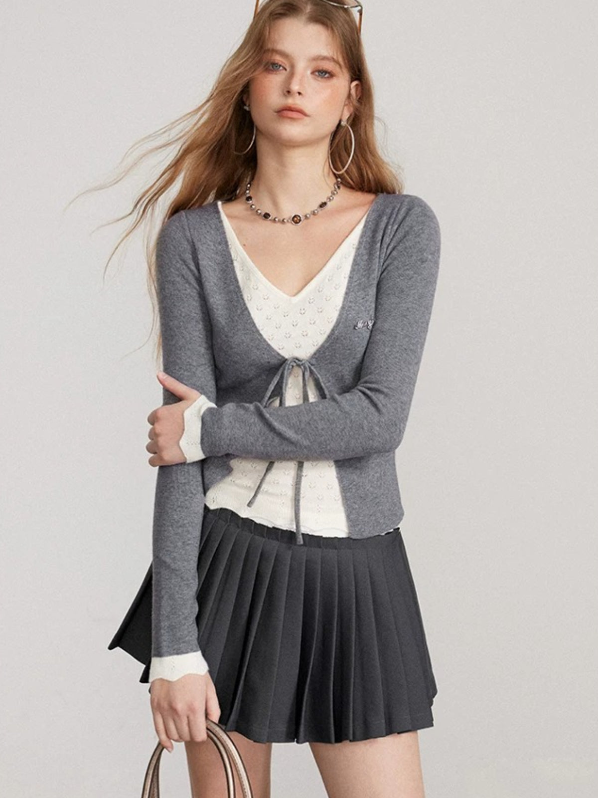 Layered V Neck Tie Knit Top
