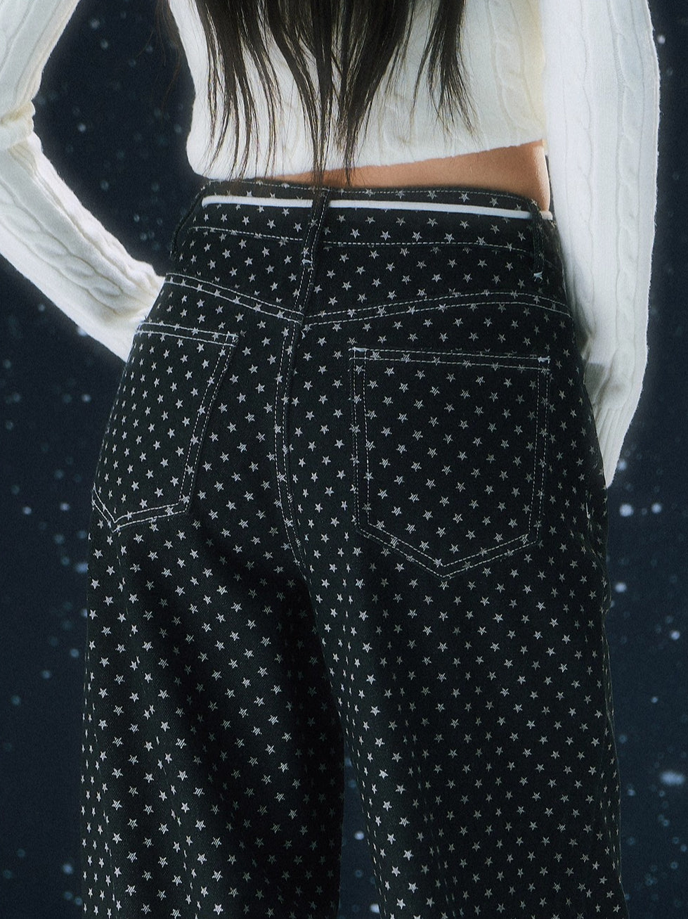 Star Pattern Wide-Leg Denim Pants