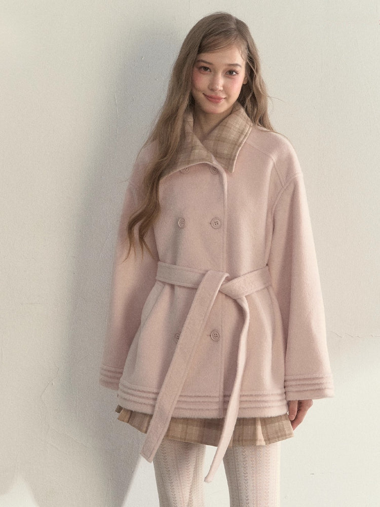 Plaid-Collar Double-Breasted Wool Coat