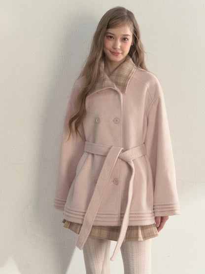 Plaid-Collar Double-Breasted Wool Coat