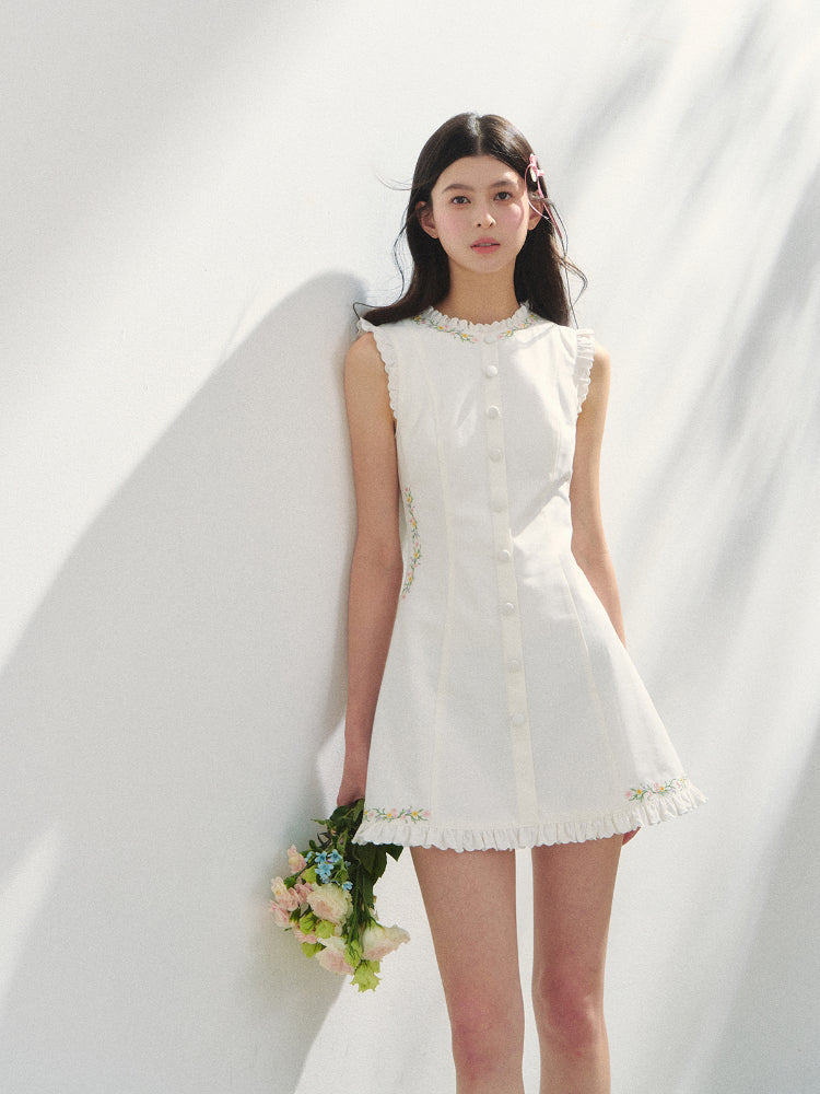 Embroidered Floral Waist-Tie Dress