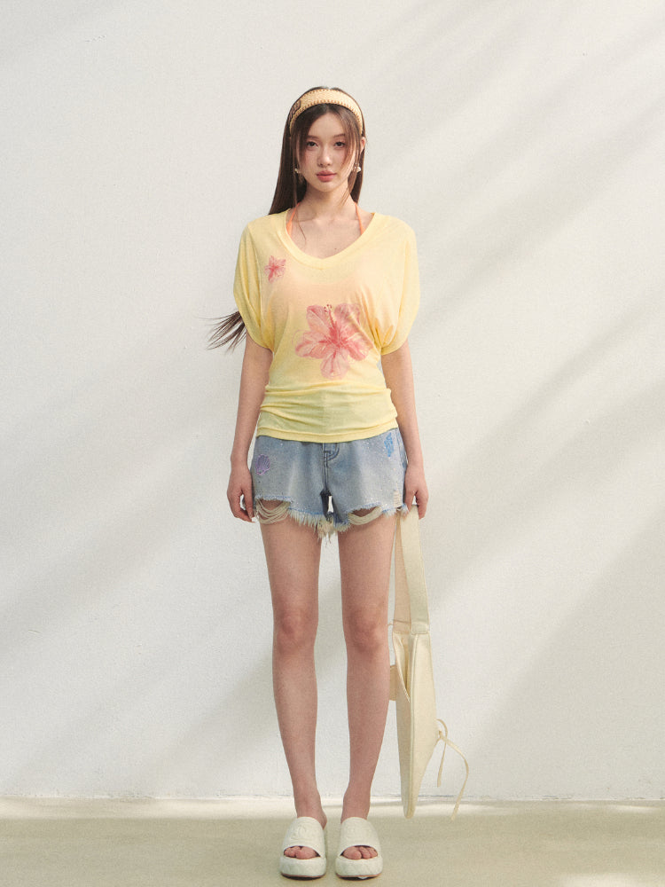 Embroidered Rhinestone Fringed Denim Shorts